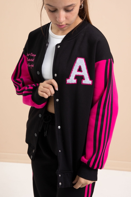 Siyah Yazılı Kolej Ceketli Kız Çocuk Şeritli 3 İplik Şardonlu Eşofman Takımı 21296