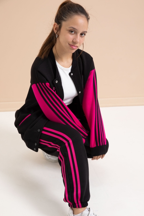 Siyah Yazılı Kolej Ceketli Kız Çocuk Şeritli 3 İplik Şardonlu Eşofman Takımı 21296