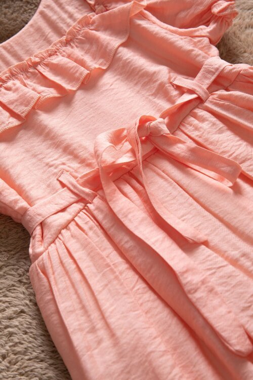 Somon Fırfır Detaylı Kısa Kol Kız Çocuk Pileli Elbise  22653