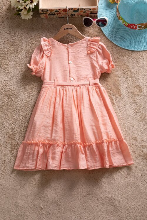 Somon Fırfır Detaylı Kısa Kol Kız Çocuk Pileli Elbise  22653