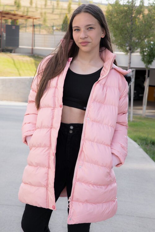 Somon İçi Kürklü Çıtçıtlı Kapüşonlu Kız Çocuk Şişme Mont 21320