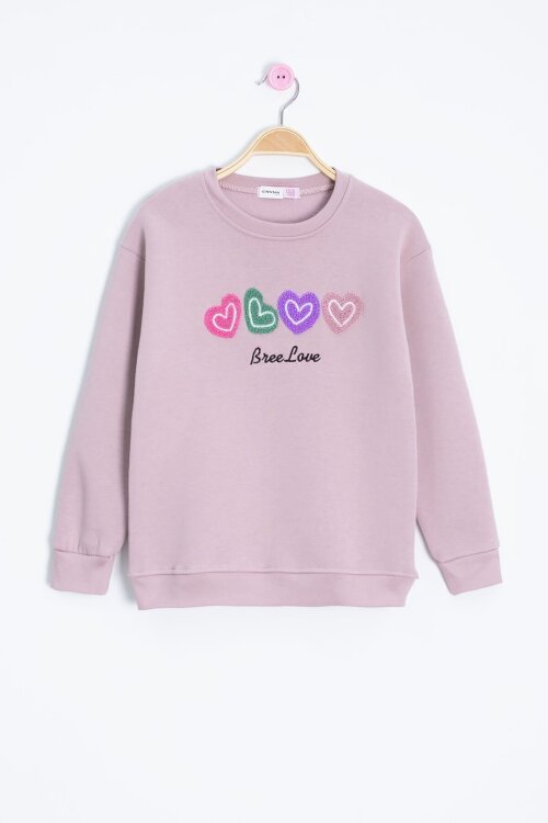 Somon Kalp Nakışlı Bisiklet Yaka Kız Çocuk Şardonlu Sweatshirt 23253