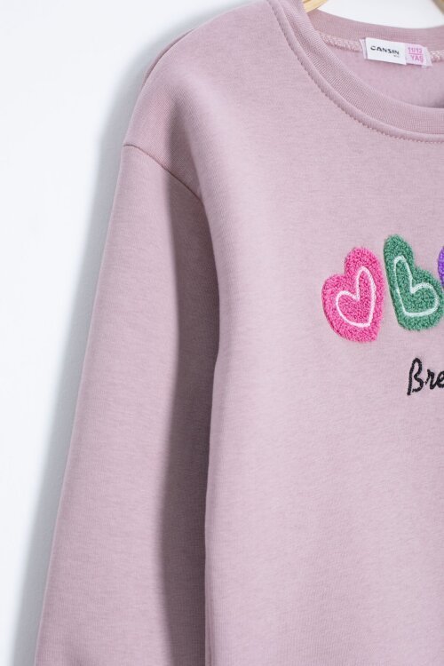 Somon Kalp Nakışlı Bisiklet Yaka Kız Çocuk Şardonlu Sweatshirt 23253