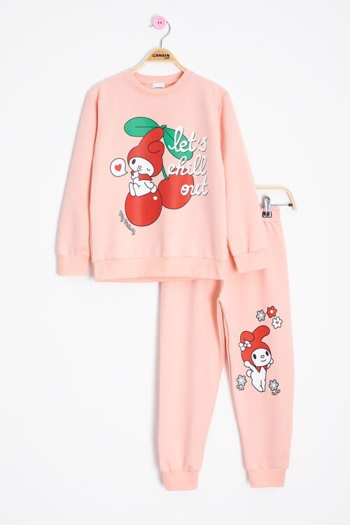 Somon Kız Çocuk Kiraz Karakter Baskılı Bisiklet Yaka Eşofman Takımı 23272