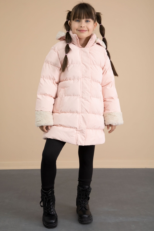 Somon Kolu Kürk Detaylı İçi Yünlü Kız Çocuk Kapüşonlu Şişme Mont 21334