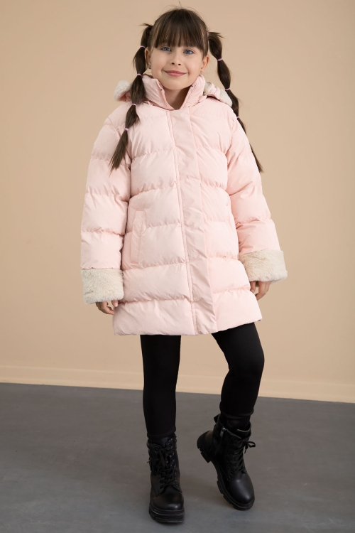 Somon Kolu Kürk Detaylı İçi Yünlü Kız Çocuk Kapüşonlu Şişme Mont 21334