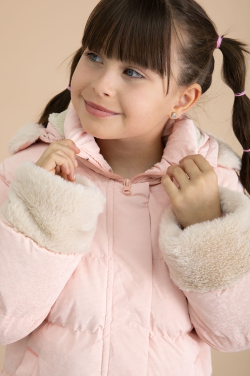 Somon Kolu Kürk Detaylı İçi Yünlü Kız Çocuk Kapüşonlu Şişme Mont 21334