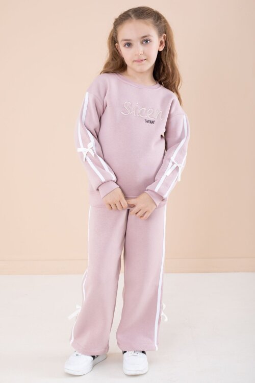 Somon Yazı Nakışlı Şerit Detaylı Şardonlu Kız Çocuk Eşofman Takımı  23239