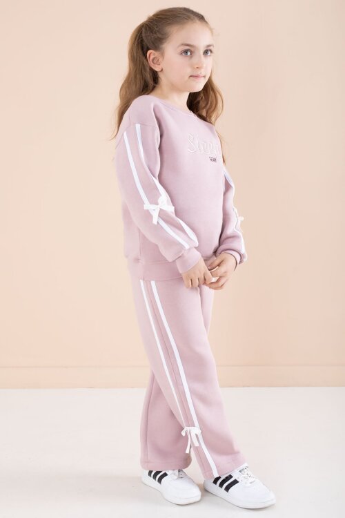 Somon Yazı Nakışlı Şerit Detaylı Şardonlu Kız Çocuk Eşofman Takımı  23239