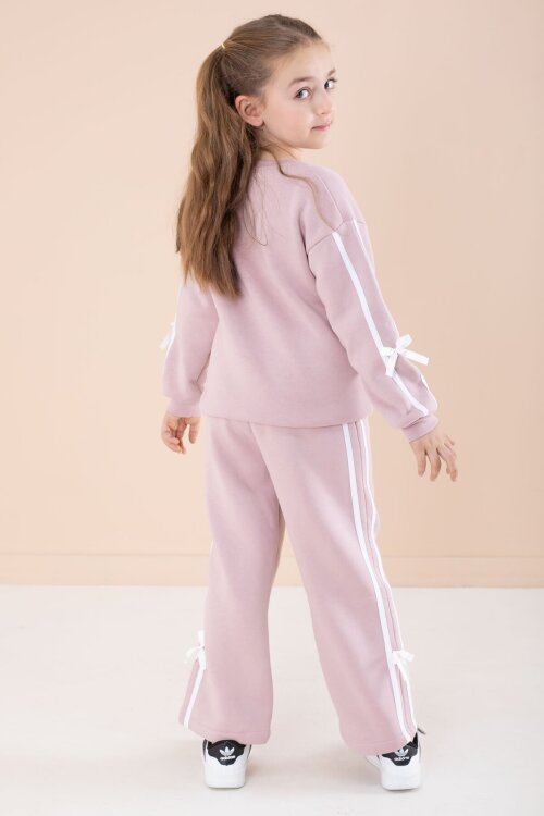 Somon Yazı Nakışlı Şerit Detaylı Şardonlu Kız Çocuk Eşofman Takımı  23239