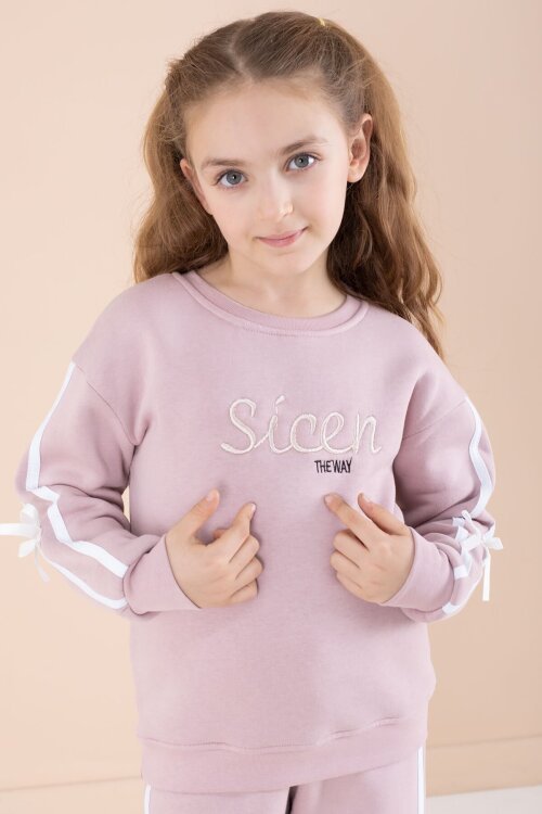 Somon Yazı Nakışlı Şerit Detaylı Şardonlu Kız Çocuk Eşofman Takımı  23239