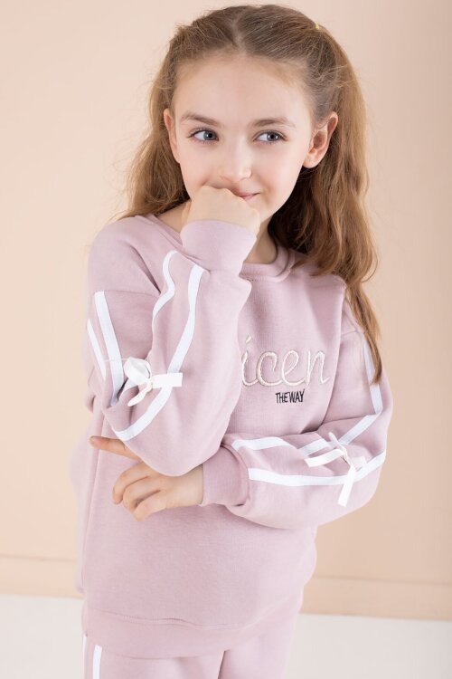 Somon Yazı Nakışlı Şerit Detaylı Şardonlu Kız Çocuk Eşofman Takımı  23239