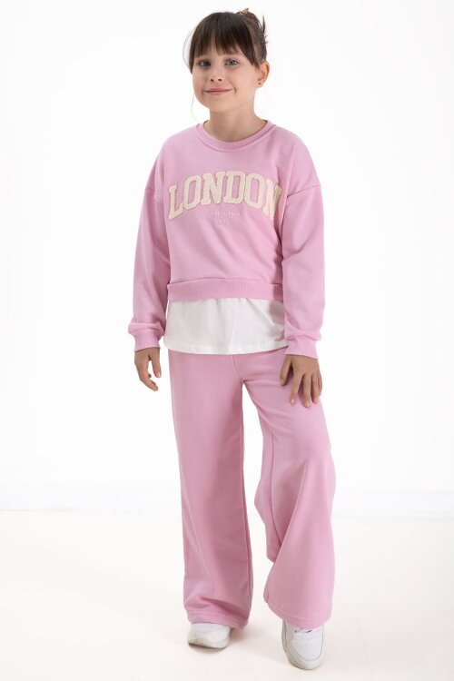 Toz Pembe London Yazılı Nakışlı Kız Çocuk Geniş Paça Eşofman Takımı 22726