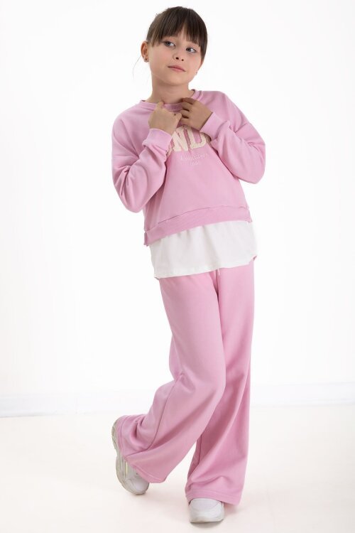 Toz Pembe London Yazılı Nakışlı Kız Çocuk Geniş Paça Eşofman Takımı 22726