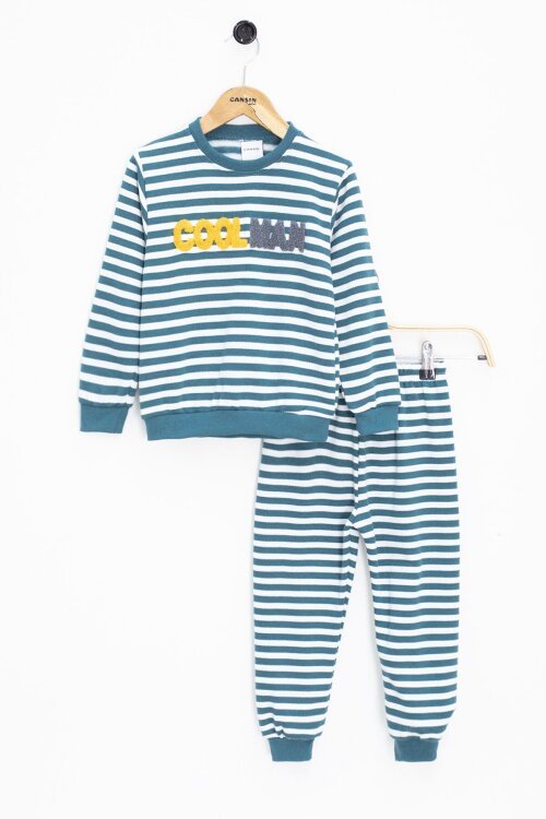 Turkuaz Erkek Çocuk Yazı Nakışlı Şardonlu 2li takım 22707