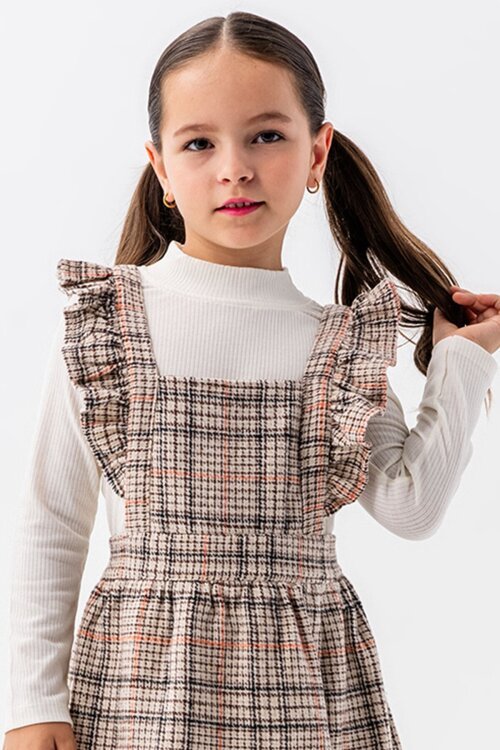 Turuncu Kız Çocuk Ekose Desenli Salopet Takım 22682