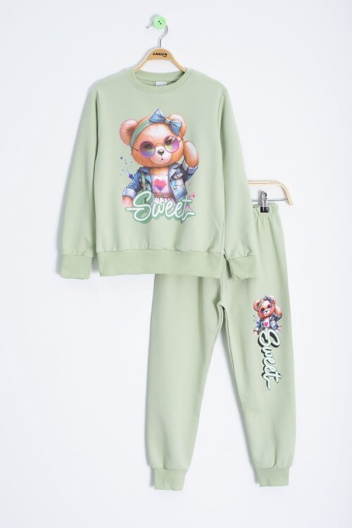 Yeşil Ayıcık Baskılı Beli Lastikli Kız Çocuk Eşofman Takımı  22755