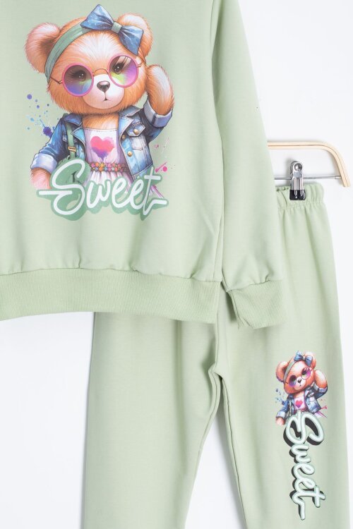 Yeşil Ayıcık Baskılı Beli Lastikli Kız Çocuk Eşofman Takımı  22755