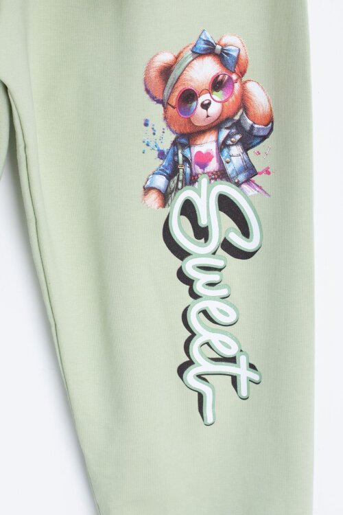 Yeşil Ayıcık Baskılı Beli Lastikli Kız Çocuk Eşofman Takımı  22755