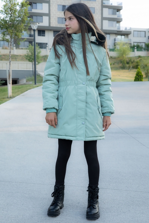 Yeşil Çıtçıtlı Cepli Esnek Bel İçi Kürklü Kız Çocuk Kapüşonlu Mont 21303