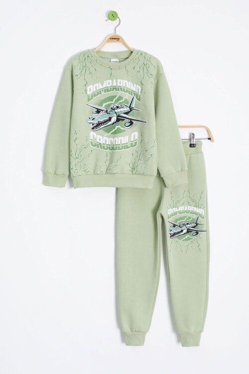 Yeşil Erkek Çocuk Yazılı Karakter Baskılı Şardonlu Eşofman Takımı 23287