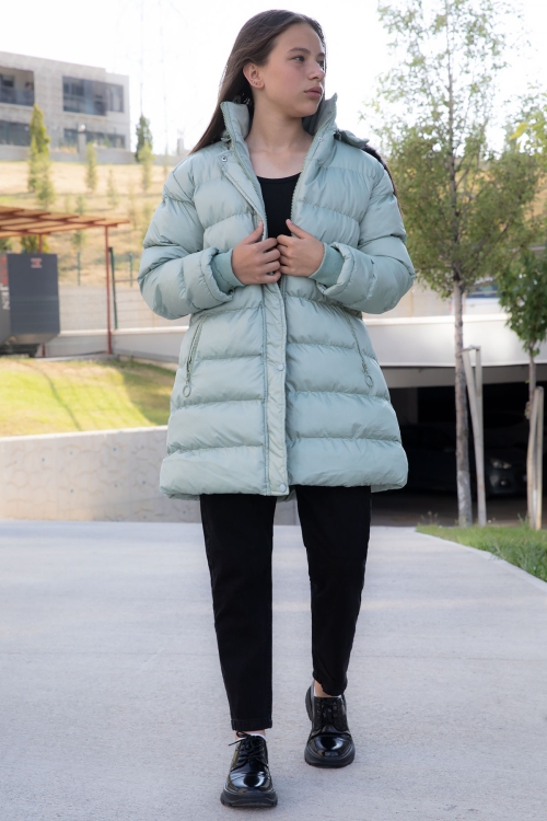 Yeşil İçi Kürklü Çıtçıtlı Kapüşonlu Kız Çocuk Şişme Mont 21324