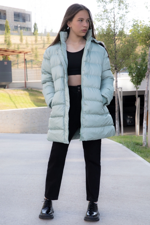 Yeşil İçi Kürklü Çıtçıtlı Kapüşonlu Kız Çocuk Şişme Mont 21324