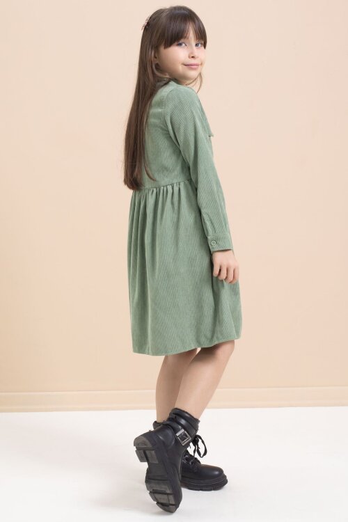 Yeşil Kız Çocuk Cep Detaylı Kadife Desenli Elbise 21547
