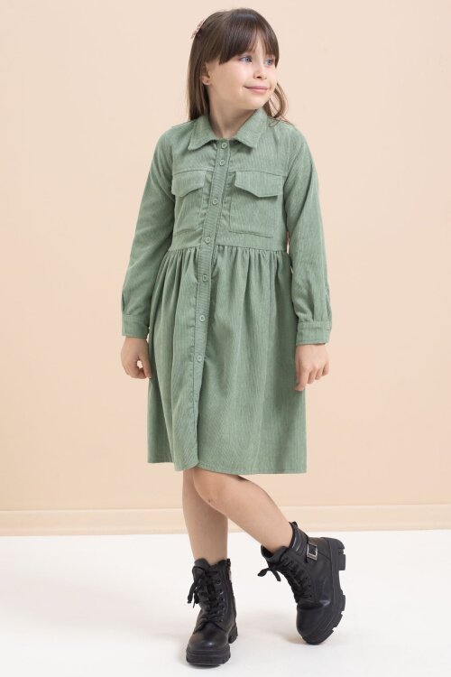 Yeşil Kız Çocuk Cep Detaylı Kadife Desenli Elbise 21547