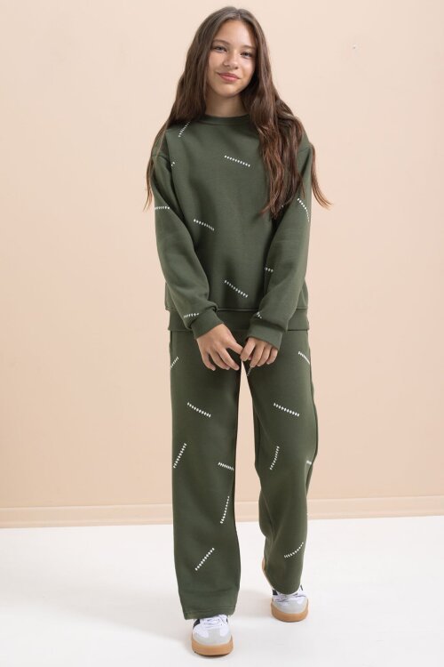 Yeşil Kız Çocuk Desenli 3 İplik Şardonlu Geniş Paça Eşofman Takımı 22647