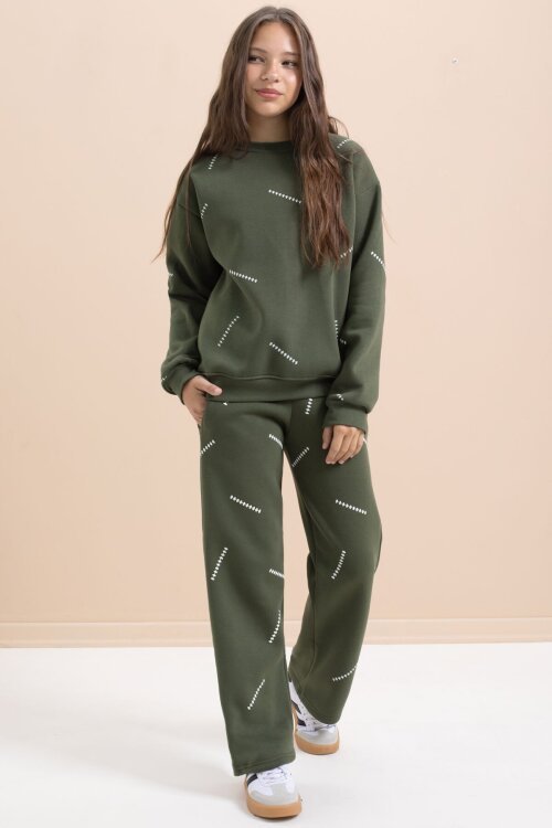 Yeşil Kız Çocuk Desenli 3 İplik Şardonlu Geniş Paça Eşofman Takımı 22647