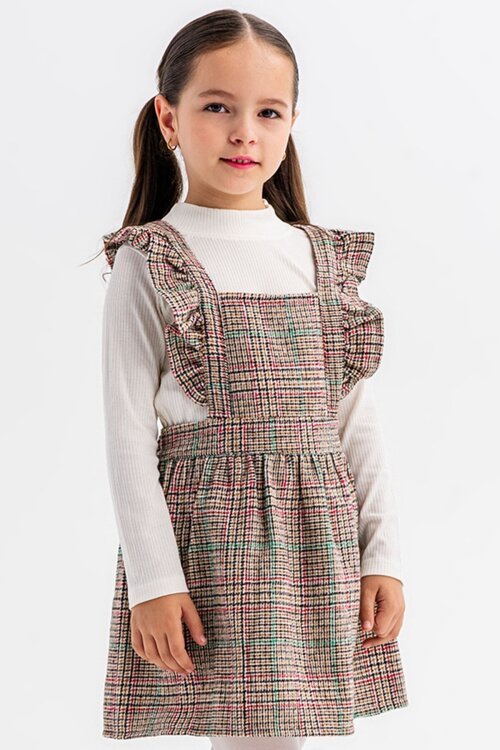 Yeşil Kız Çocuk Ekose Desenli Salopet Takım 22680