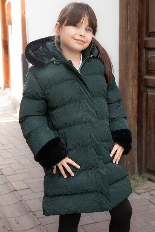 Yeşil Kolu Kürk Detaylı İçi Yünlü Kız Çocuk Kapüşonlu Şişme Mont 21333