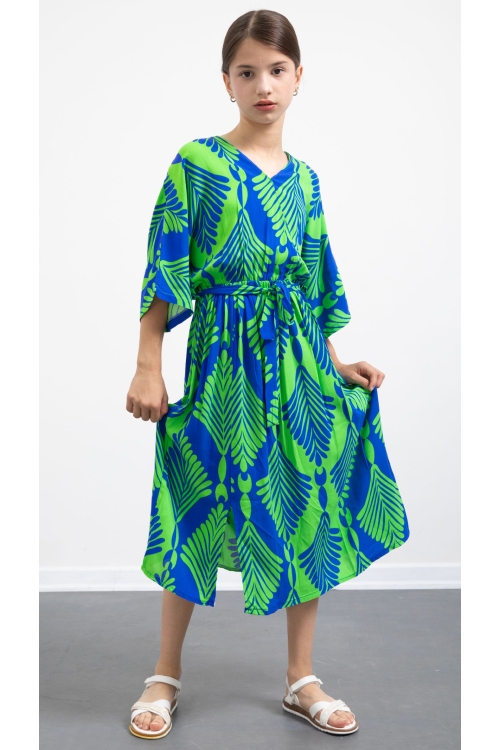 Yeşil Yaprak Desenli Kuşaklı Kız Çocuk Kısa Kol Elbise 20781