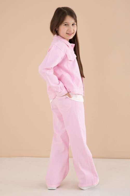 Açık Pembe Cep Detaylı Ceketli Baskılı Tişörtlü Kız Çocuk 3lü Pantolonlu Takım 23592