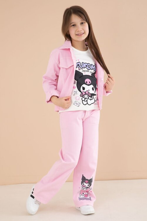 Açık Pembe Cep Detaylı Ceketli Baskılı Tişörtlü Kız Çocuk 3lü Pantolonlu Takım 23592