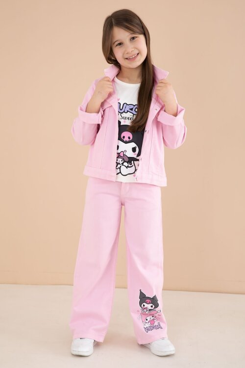 Açık Pembe Cep Detaylı Ceketli Baskılı Tişörtlü Kız Çocuk 3lü Pantolonlu Takım 23592