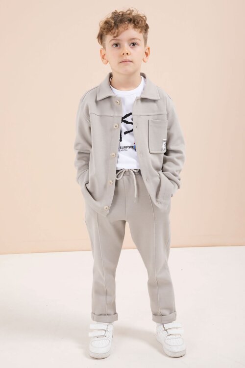 Bej Arma Detaylı Gömlekli Duble Paça Pantolonlu Erkek Çocuk 3lü Takım 23622