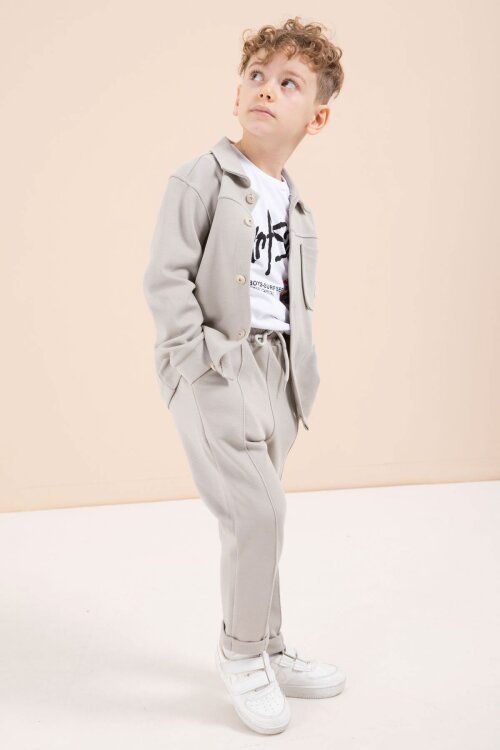 Bej Arma Detaylı Gömlekli Duble Paça Pantolonlu Erkek Çocuk 3lü Takım 23622