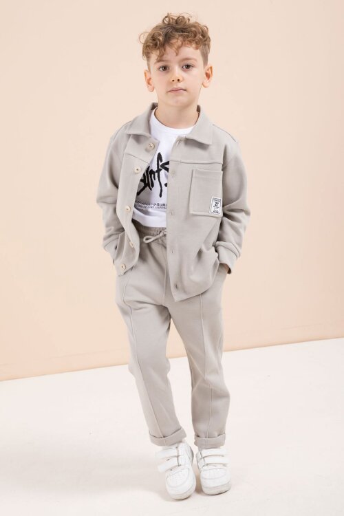 Bej Arma Detaylı Gömlekli Duble Paça Pantolonlu Erkek Çocuk 3lü Takım 23622