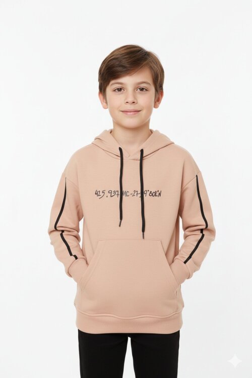 Bej Baskılı Erkek Çocuk Şeritli Kapüşonlu Sweatshirt 19217