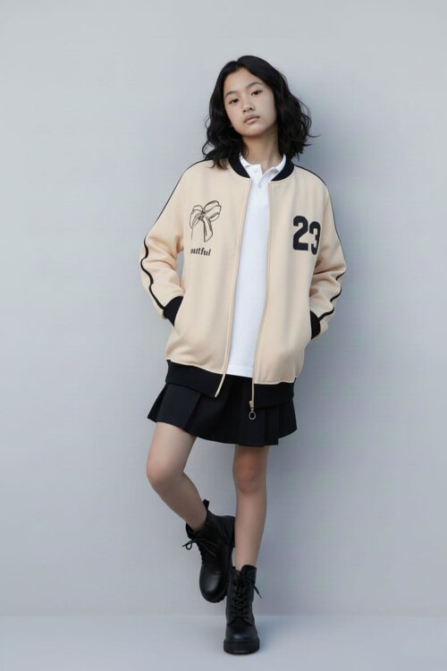 Bej Beautifull Yazılı Kolu Şeritli Kız Çocuk Kolej Hırka 21195