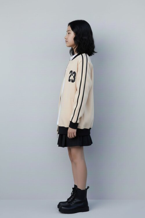 Bej Beautifull Yazılı Kolu Şeritli Kız Çocuk Kolej Hırka 21195