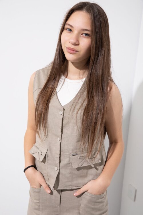 Bej Cepli Keten Yelekli Yüksek Bel Pantolonlu Kız Çocuk Alt Üst Takım  23546