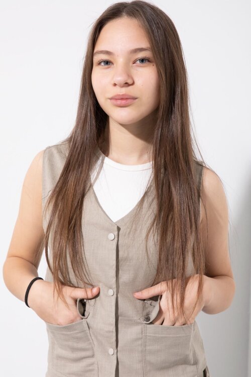 Bej Cepli Keten Yelekli Yüksek Bel Pantolonlu Kız Çocuk Alt Üst Takım  23546