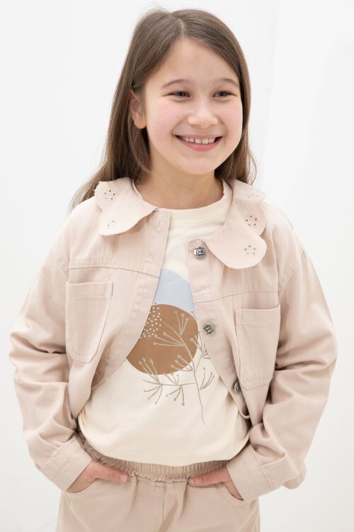 Bej Çiçek Yaka Detaylı Ceketli Kız Çocuk Pantolonlu 3lü Takım 23632