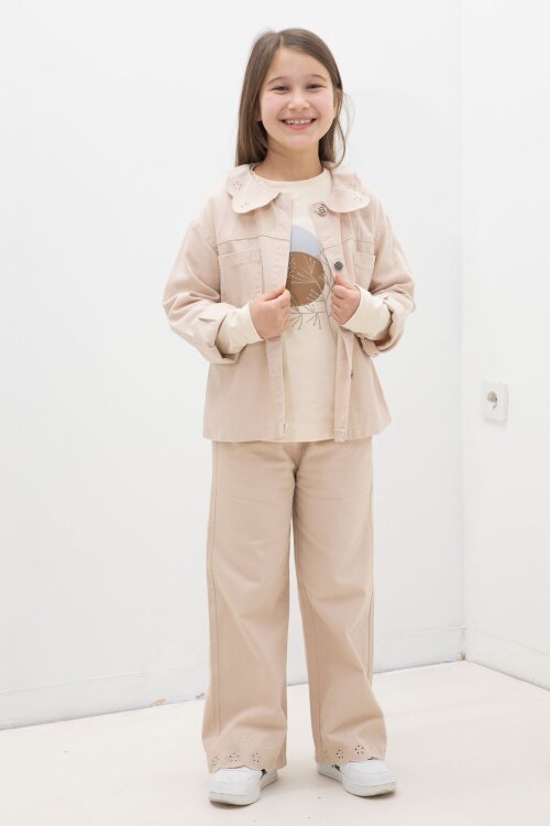 Bej Çiçek Yaka Detaylı Ceketli Kız Çocuk Pantolonlu 3lü Takım 23632