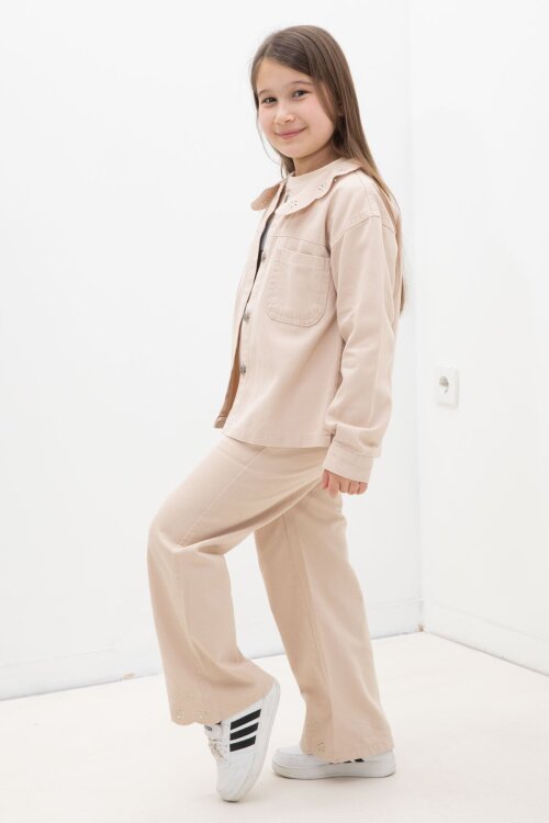 Bej Çiçek Yaka Detaylı Ceketli Kız Çocuk Pantolonlu 3lü Takım 23632