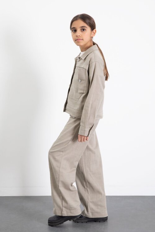 Bej Düğme Detaylı Keten Gömlekli Pantolonlu Kız Çocuk 2li Takım 23518