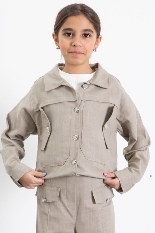 Bej Düğme Detaylı Keten Gömlekli Pantolonlu Kız Çocuk 2li Takım 23518